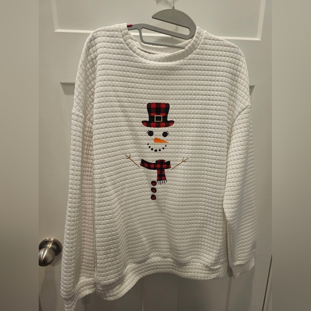 Snowman Waffle Knit Christmas Sweatshirt Buffalo Plaid Holiday Top Size M